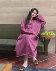 Bamboo Cotton Dressing Robe • Soft Long Loungewear• Vintage Rose Stripe Home Dress • Breathable Sleepwear with Pockets • Gift for Her