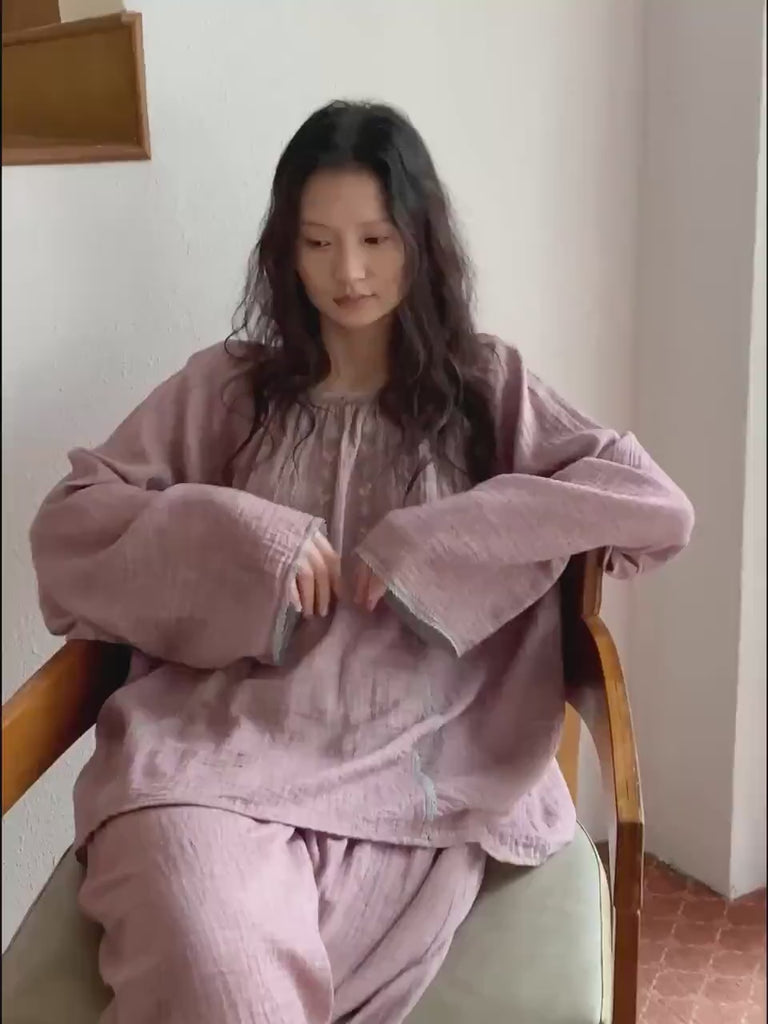 Double Layer Gauze Loungewear, Purple Pajamas and Sleepwear – Women’s Relaxed Long Sleeves Cotton Pajama Pants Set or Dress Gown
