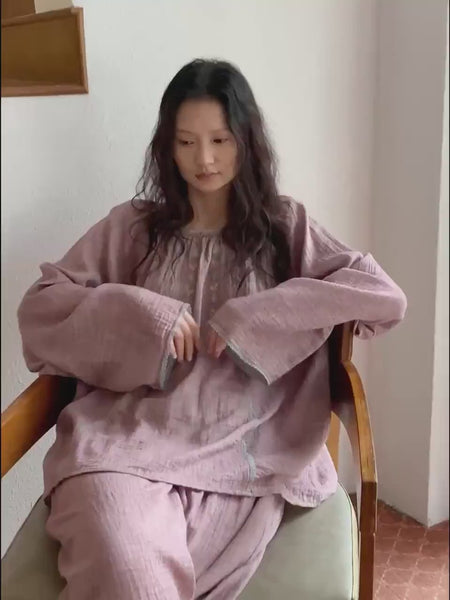 Double Layer Gauze Loungewear, Purple Pajamas and Sleepwear – Women’s Relaxed Long Sleeves Cotton Pajama Pants Set or Dress Gown