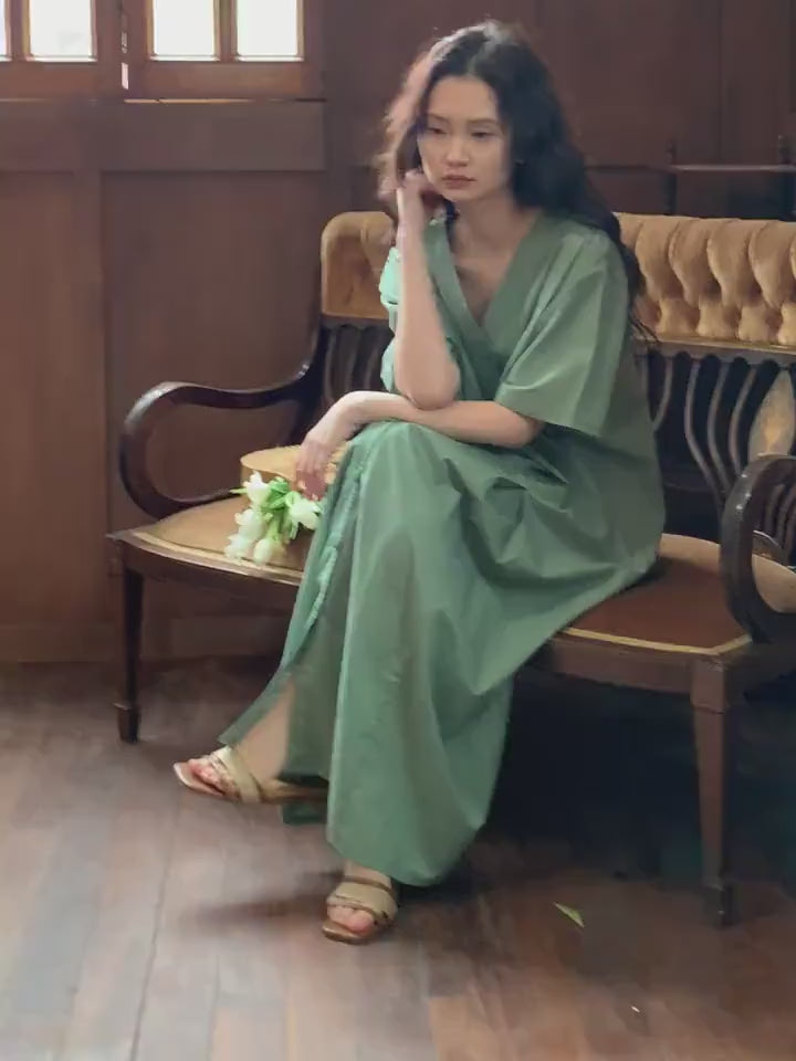 Bamboo Cotton Loungewear Dress: Sage Green Sleep Shirt with Pockets