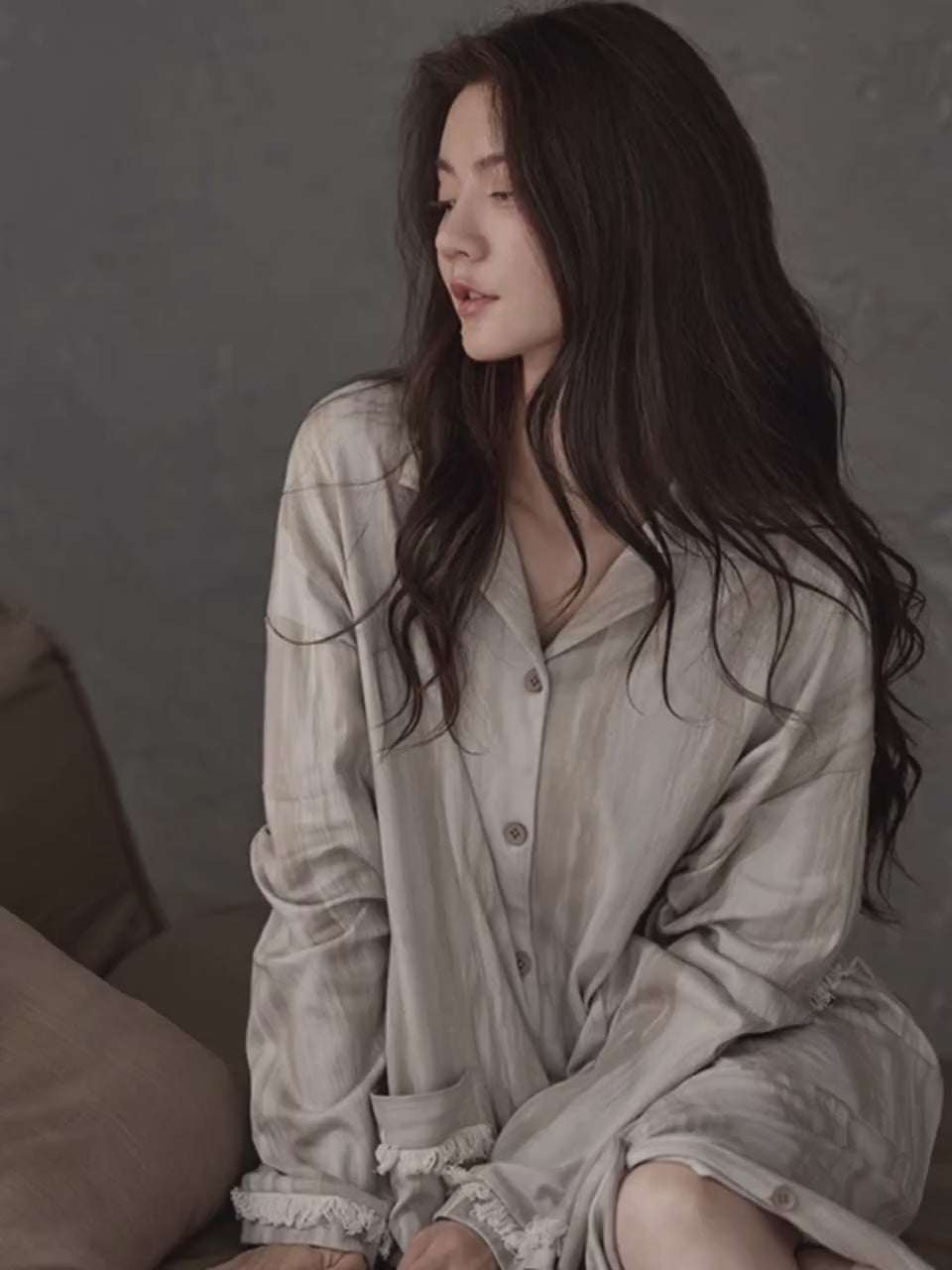Neutral Long Robe Dress for Women | Soft Cotton Loungewear with Frayed Cuffs | Relaxed Homewear | Elegant Minimalist Gift
