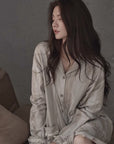 Neutral Long Robe Dress for Women | Soft Cotton Loungewear with Frayed Cuffs | Relaxed Homewear | Elegant Minimalist Gift