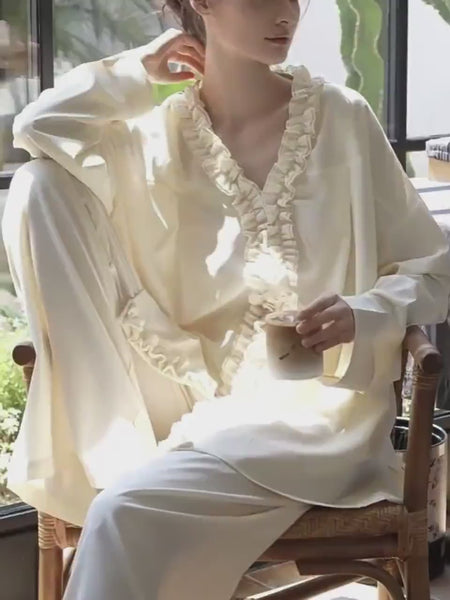 Creamy Yellow Cotton Loungewear Set: Relaxed Fit, Two Collar Styles Pajamas for Winter