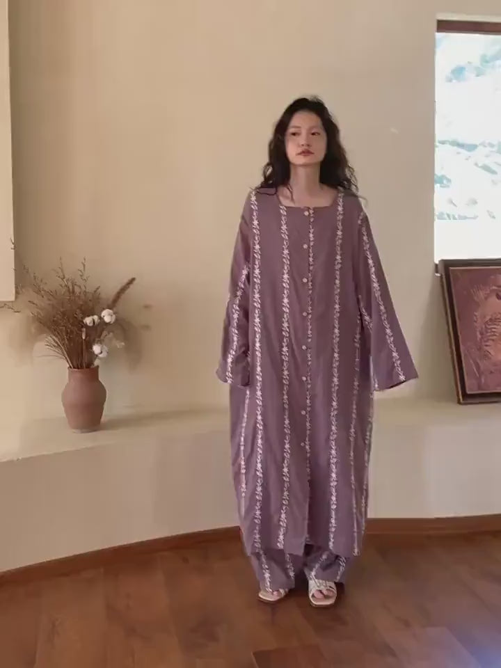 Sustainable Gauze Cotton Loungewear Set with Embroidered Leaf Pattern Relaxed Robe or Pants Outfit for Women Soft Botanical Embroidery Dress