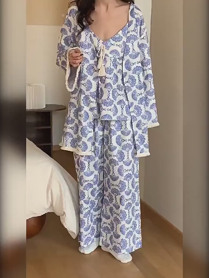 Cotton Kimono Robe 3PCS Set: Blue Fan Print Loungewear - Linen Feel Pyjmas